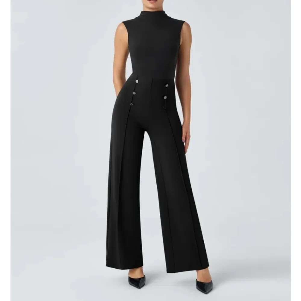 SOLD Halara Pants Size L High Waist Wide Leg Black Pockets Buttons Slim Flare - Picture 1 of 11